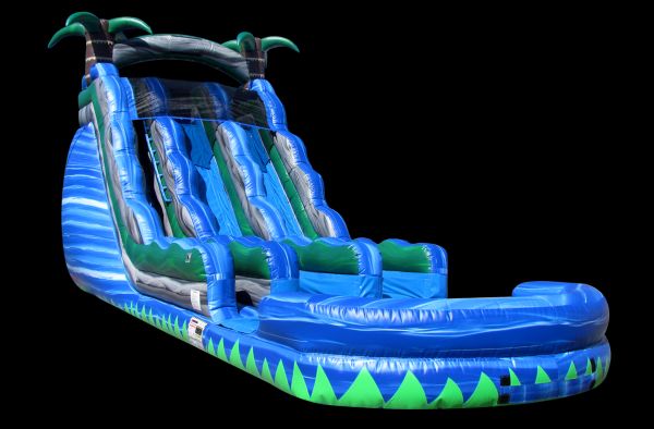 This dual lane inflatable water slide lets the kids experience the thrill of sliding